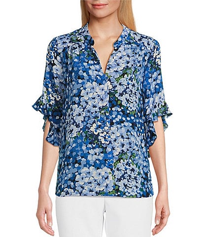 Investments Petite Size Laikyn Signature Upbeat Bloom Print V-Neck 3/4 Ruffled Sleeve Top