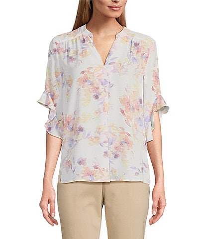 Investments Petite Size Laikyn Signature Watercolor Bouquet Print V-Neck 3/4 Ruffled Sleeve Top
