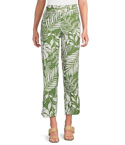 Investments Petite Size Lime Palm Tropical Print Pull-On Straight Leg Ankle Pants