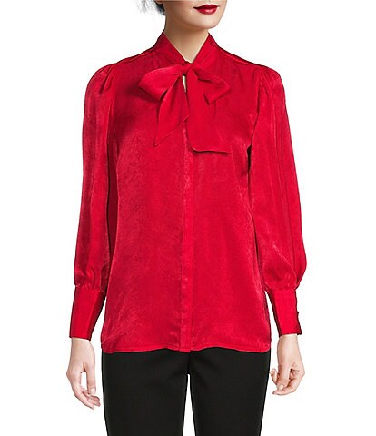 Investments Petite Size Long Sleeve Tie Y-Neck Button Front Top
