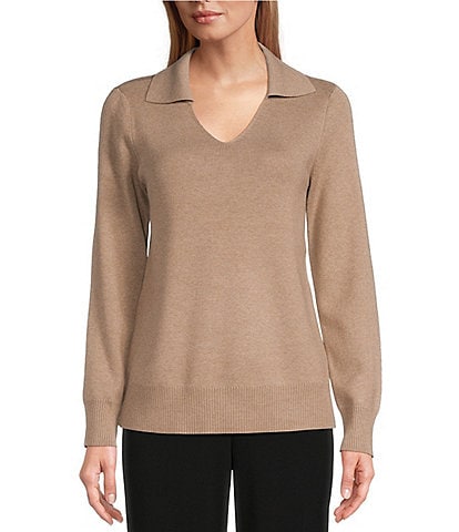 Investments Petite Size Long Sleeve V-Neck Collared Pull Over Top