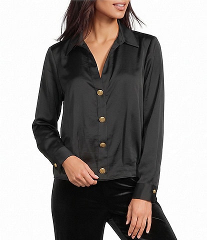 Investments Petite Size Long Sleeve Y-Neck Button Front Satin Blouse