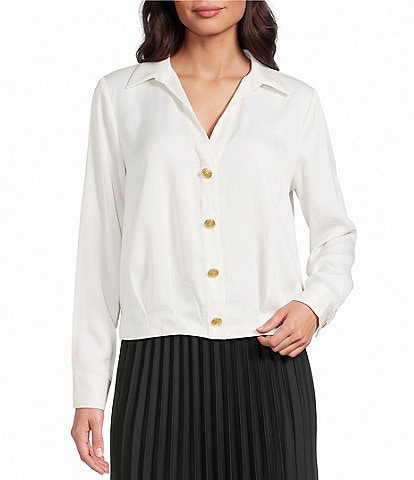 Investments Petite Size Long Sleeve Y-Neck Button Front Satin Blouse