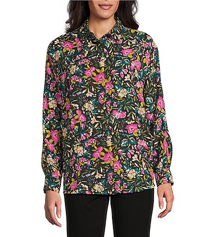 Investments Petite Size Multi Vintage Floral Dolman Long Sleeve Button Front Point Collar Blouse