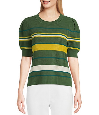 Investments Petite Size Olive Stripe Novelty Short Sleeve Crew Neck Sweater Top