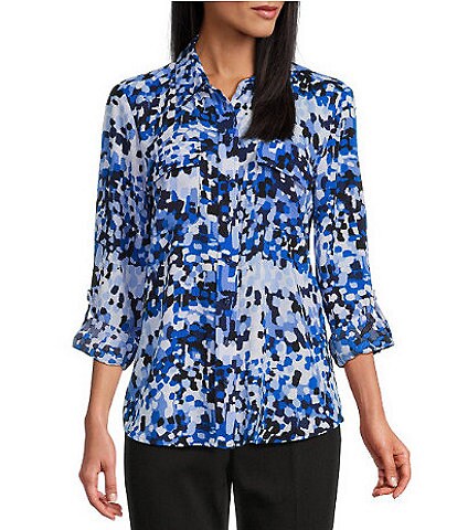 Investments Petite Size Olivia Blue Confetti Dot Print Point Collar Long Roll-Tab Sleeve Button Front Utility Blouse