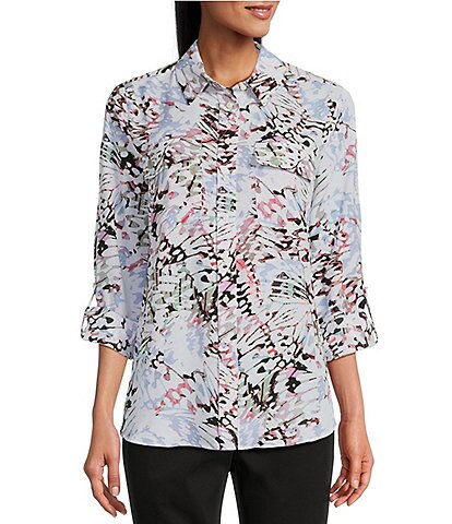Investments Petite Size Olivia Fluttering Wings Print Point Collar Long Roll-Tab Sleeve Button Front Utility Blouse