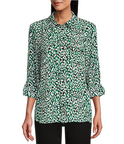 Investments Petite Size Olivia Green Leopard Print Point Collar Long Roll-Tab Sleeve Button Front Utility Blouse