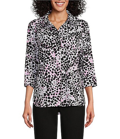 Investments Petite Size Paige Dynamic Dots Print Point Collar 3/4 Adjustable Sleeve Top