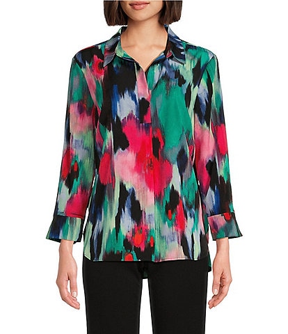 Investments Petite Size Paige Point Collar Ikat Blur 3/4 Adjustable Sleeve One Button Closure Top