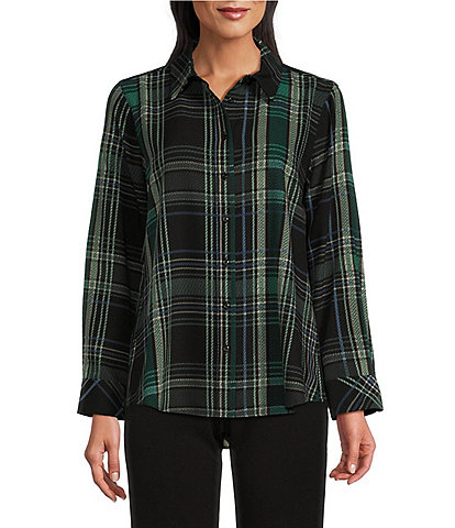 Investments Petite Size Plaid Stitch Print Woven Long Sleeve Button Front Point Collar Top