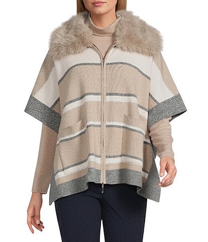 Investments Petite Size Removeable Faux Fur Collar Two-Way Zip Front Stripe Sweater Poncho