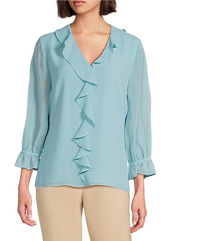 Investments Petite Size Riley Woven Cascading Ruffle V-Neck 3/4 Sleeve Top