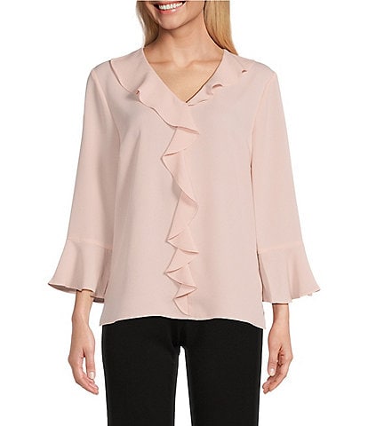 Investments Petite Size Riley Woven Cascading Ruffled V-Neck 3/4 Sleeve Top