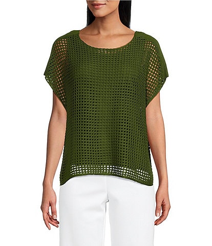 Investments Petite Size Short Sleeve Crew Neck Open Stitch Top