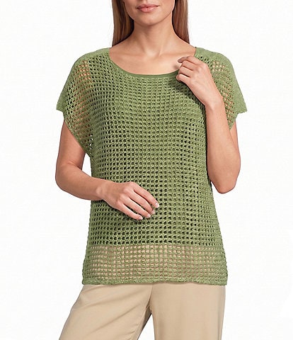 Investments Petite Size Short Sleeve Crew Neck Open Stitch Top