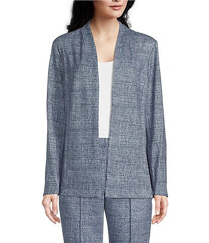 Investments Petite Size Signature Ponte Blue White Crosshatch Print Long Sleeve Open Front Coordinating Jacket