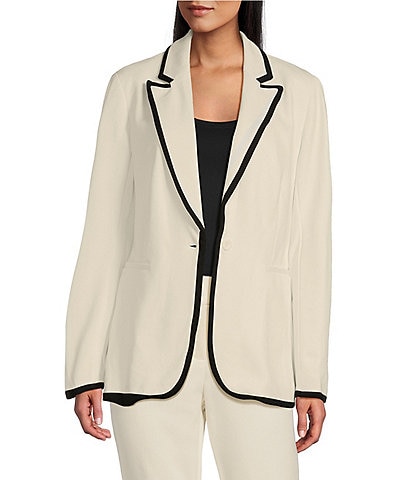 Investments Petite Size Signature Ponte Long Sleeve One Button Contrast Trim Blazer