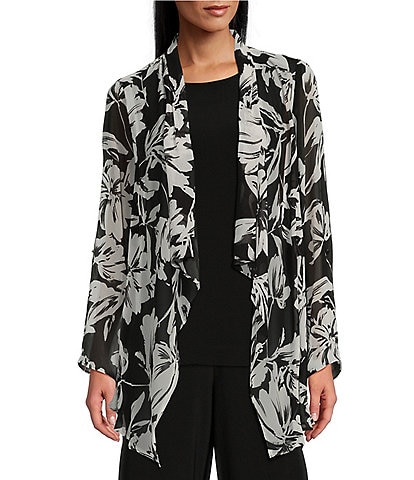 Investments Petite Size Soft Separates Floral Gestures Print Open Front Roll-Tab Sleeve Jacket