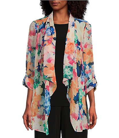 Investments Petite Size Soft Separates Mosaic Garden Print Open Front Roll-Tab Sleeve Jacket