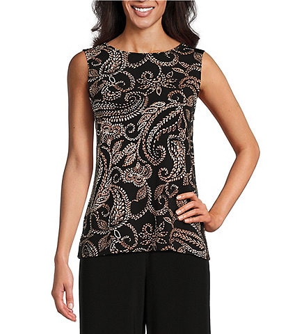 Investments Petite Size Soft Separates Reversible Crew to Scoop Neck Sleeveless Dotted Paisley Tank Top