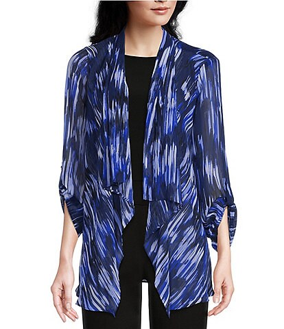 Investments Petite Size Soft Separates Tonal Brushstrokes Print Roll-Tab Sleeve Open Front Jacket