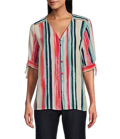 Investments Petite Size Sorbet Stripe Print Woven V-Neck 3/4 Tie Sleeve Top