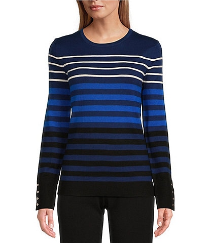 Investments Petite Size Stripe Crew Neck Long Sleeve Button Cuff Sweater