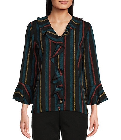 Investments Petite Size Riley Tally Stripe Print Woven Cascading Ruffle V-Neck 3/4 Sleeve Top