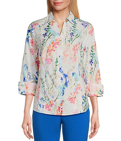 Investments Petite Size Taylor Gold Label Non-Iron Vine Floral 3/4 Cuffed Sleeve Point Collar Y-Neck Button Front Shirt