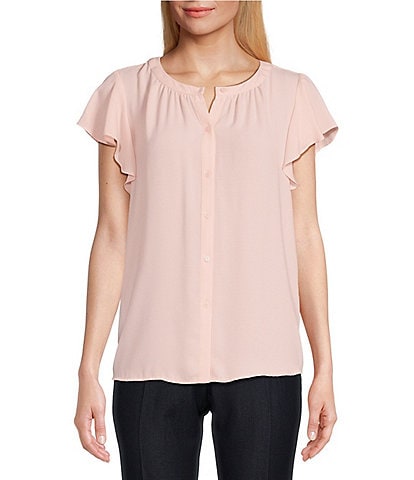 Investments Petite Size Woven Button Front Flutter Cap Sleeve Top