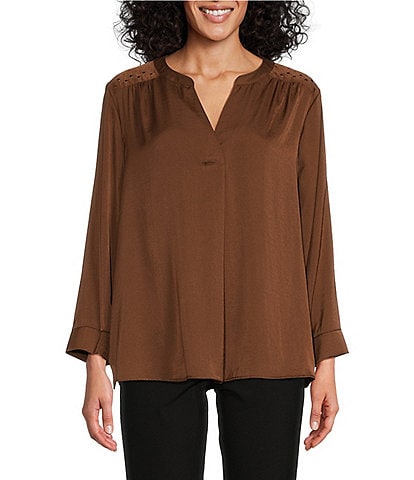 Investments Petite Size Woven Inverted Pleat V-Neck 3/4 Sleeve Embellished Top