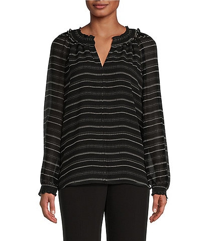 Investments Petite Size Woven Linear Dash Long Sleeve Pleated V-Neck Top