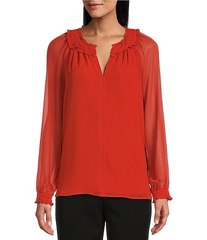 Investments Petite Size Woven Long Sleeve Pleated Split V-Neck Top