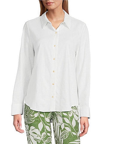 Investments Petite Size Woven Long Sleeve Point Collar Button Front Top