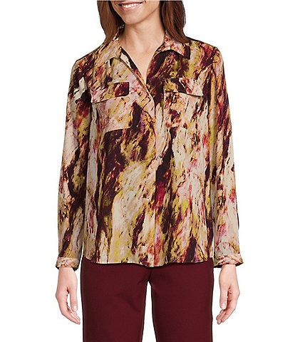 Investments Petite Size Marble Printed Woven Long Sleeve V-Neck One Button Closure Blouse