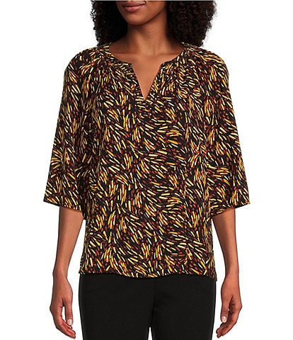 Investments Petite Size Woven Scattered Dashes Print 3/4 Flutter Sleeve Y-Neck Top