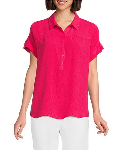 Investments Petite Size Woven Short Sleeve Point Collar Partial Button Front Top