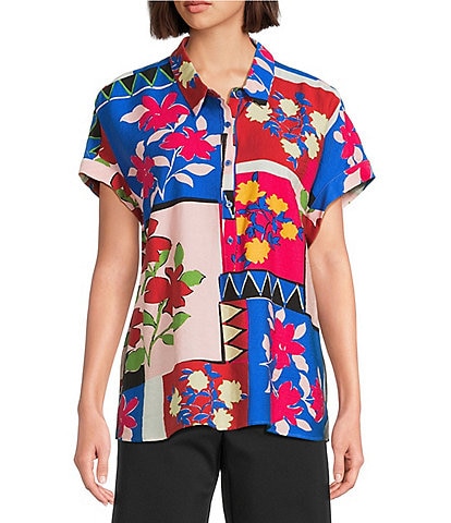 Investments Petite Size Woven Stamp Patch Short Sleeve Point Collar Partial Button Front Top