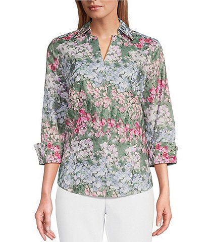 Investments Petite Taylor Gold Label Non-Iron Wild Floral 3/4 Sleeve Point Collar Y-Neck Button Front Shirt