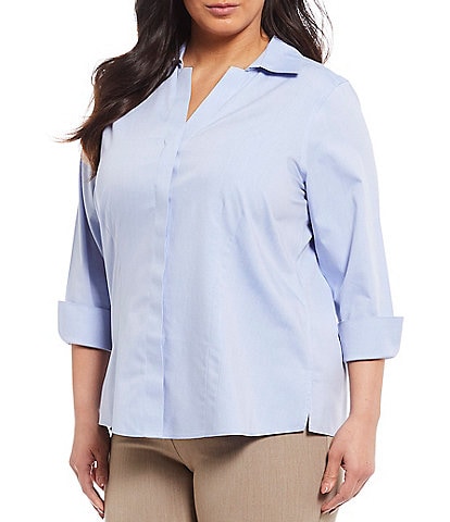 Investments Plus Size Taylor Gold Label Non-Iron Point Collar 3/4 Flip Cuff Sleeve Button Front Shirt