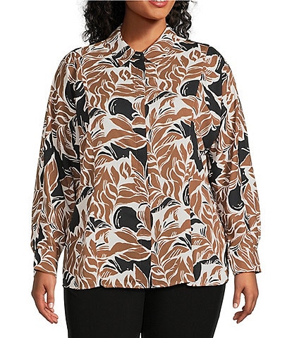 Investments Plus Size Abstract Leaves Dolman Long Sleeve Button Front Point Collar Blouse