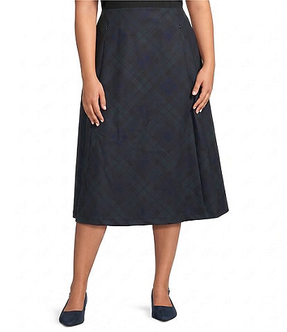 Investments Plus Size Black Watch Plaid Pull On Ponte Midi Skirt