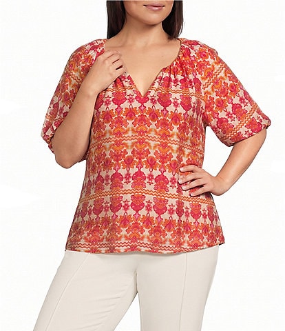 Investments Plus Size Bold Geo Stripe Print 3/4 Bubble Sleeve Split Round Neck Blouse
