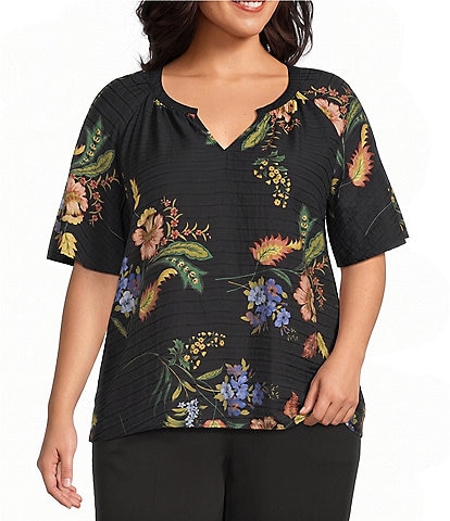 Investments Plus Size Botanical Floral Print Short Ruffle Sleeve Split-V Neck Blouse