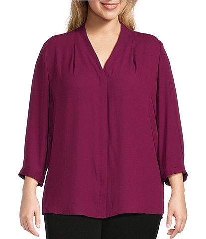 Investments Plus Size Caroline Signature V-Neck 3/4 Sleeve Button Front Top