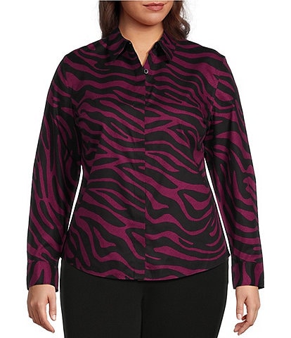 Investments Plus Size Brooke Gold Label Point Collar Purple Zebra Print Long Sleeve Button Front Shirt