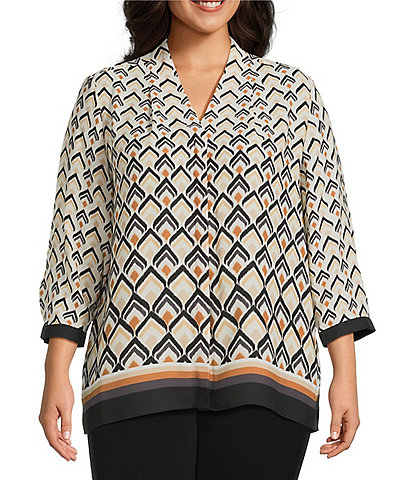 Investments Plus Size Caroline Signature Diamond Border V-Neck 3/4 Sleeve Button Front Top
