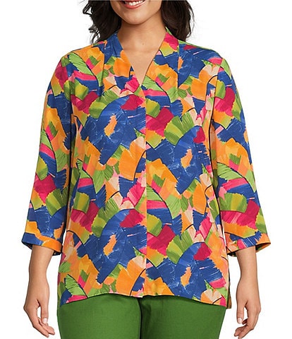 Investments Plus Size Caroline Signature Leafy Sketch V-Neck 3/4 Sleeve Button Front Top