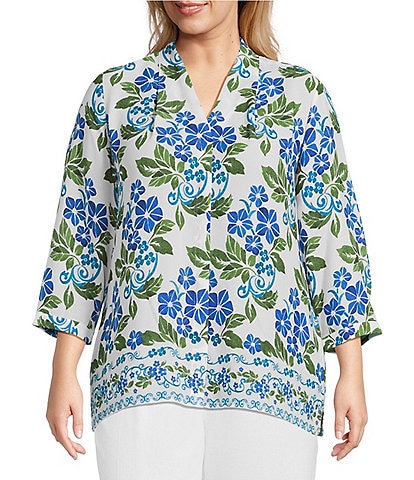 Investments Plus Size Caroline Signature Stamped Hibiscus V-Neck 3/4 Sleeve Button Front Top